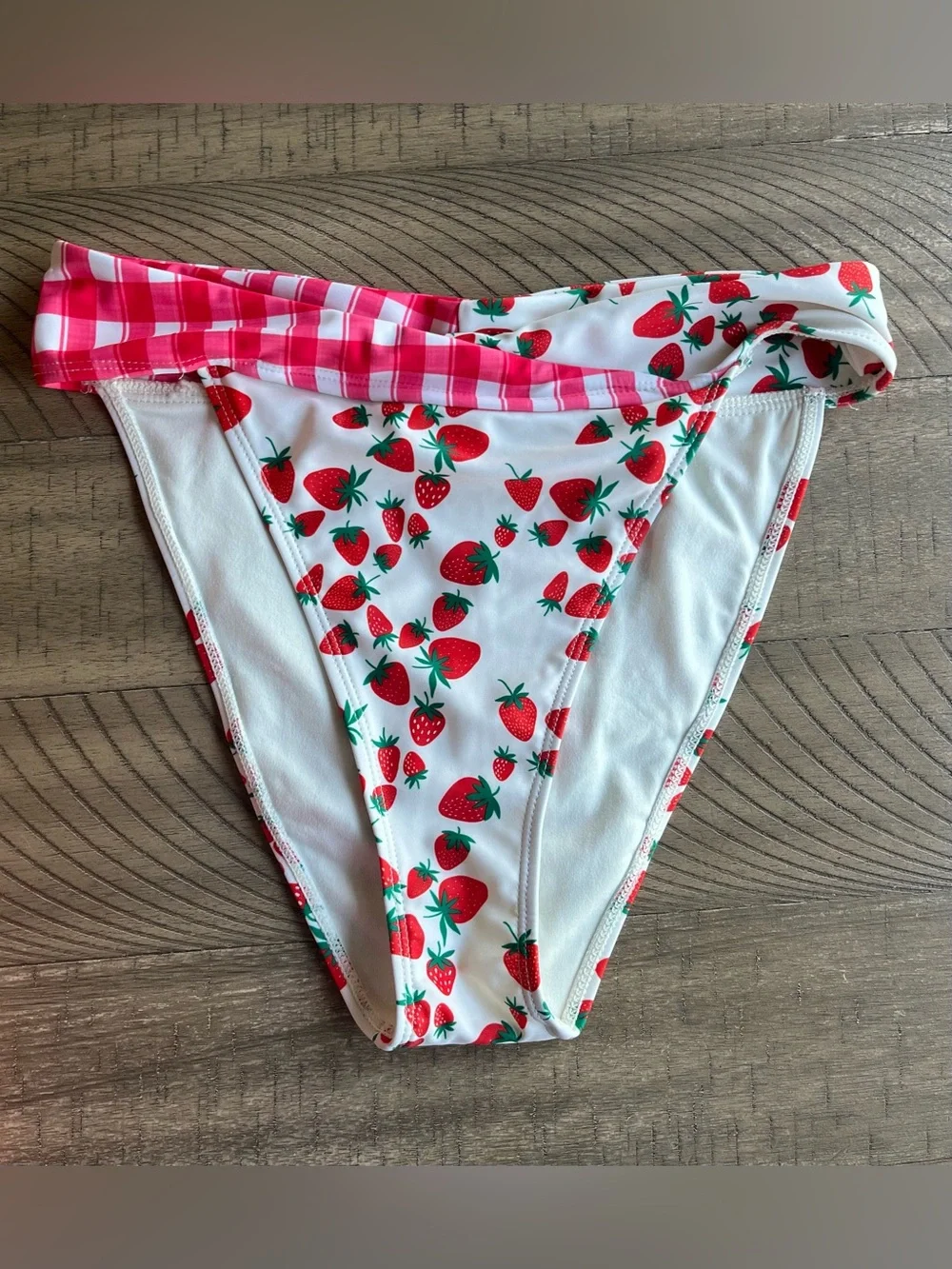 Nasty Gal Strawberry Gingham Mix Bikini Bandeau Top High-Waist Bottoms Size 6